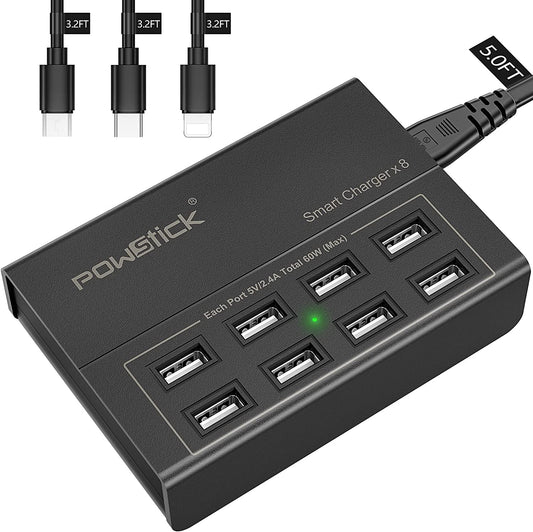 USB Charger Station, 8 Ports USB Charging Station 60W/12A, Included 3 Mixed Cable, 8 Multi Port USB Charging Station for Multiple Devices Smart Phone Tablet and Multiple Device(5Ft Detachable Cord)