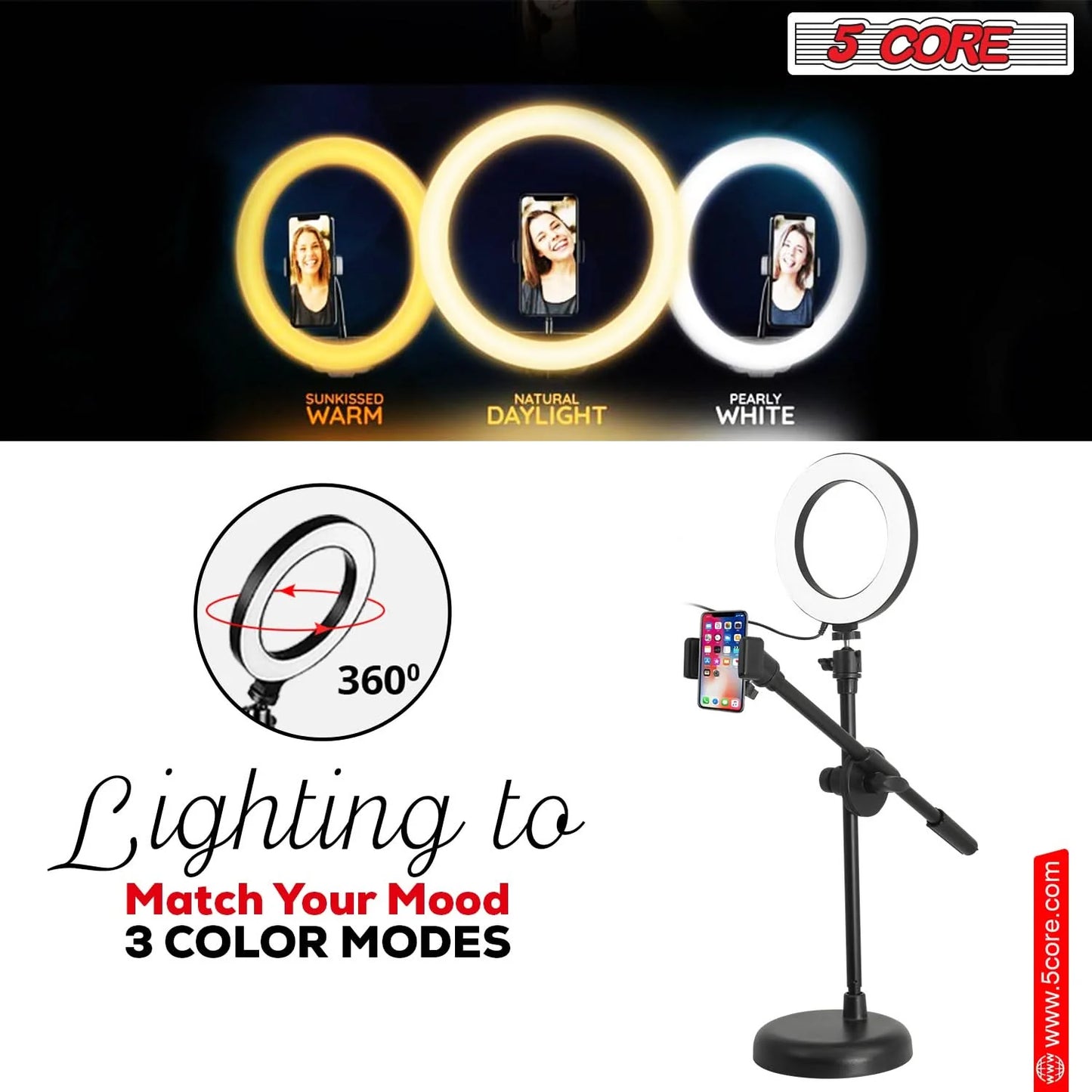 5Core 6 Inch Ring Light + Cell Phone Stand Adjustable Ringlight LED W Phone Holder