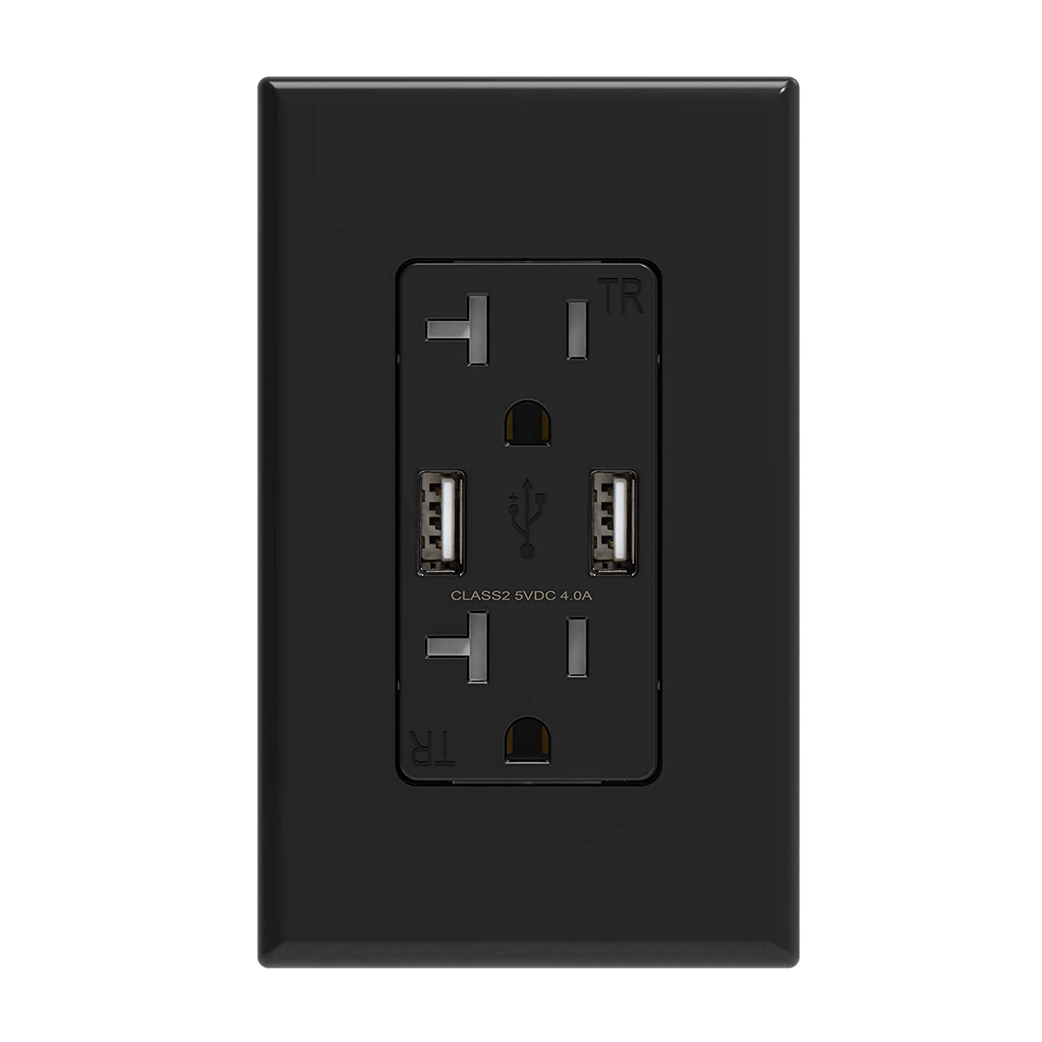 USB Wall Outlet Receptacle with Dual 4.0 a USB Ports, 20 Amp Duplex Tamper Resistant Receptacle, Charging Power Outlet with USB Ports, Wall Plate Included, UL Listed (1 Pack, Glossy Black)