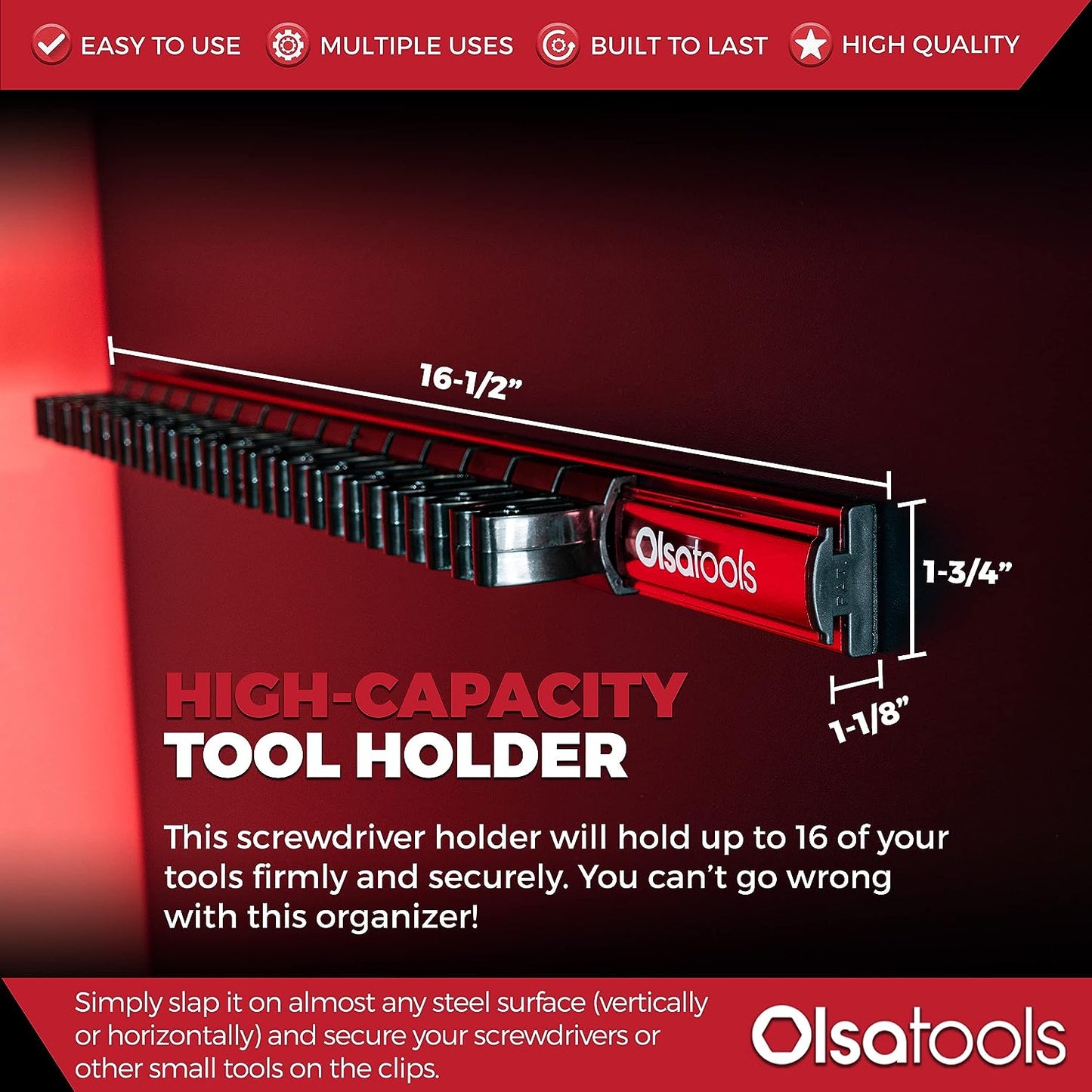 Magnetic Screwdriver Organizer | Professional Quality Tool Holder | Fits up to 16 Screwdrivers | Red