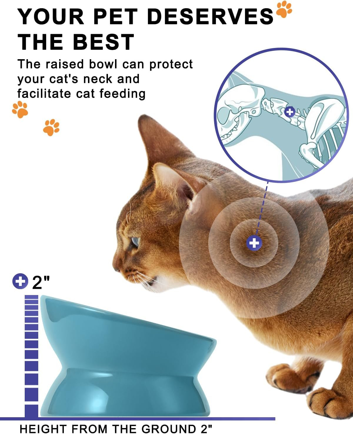 Elevated Cat Food Bowl, Ceramic Raised Cat Bowl, Tilt Angle Protect Cat'S Spine, anti Vomiting Cat Dish, Backflow Prevention, Lake Blue