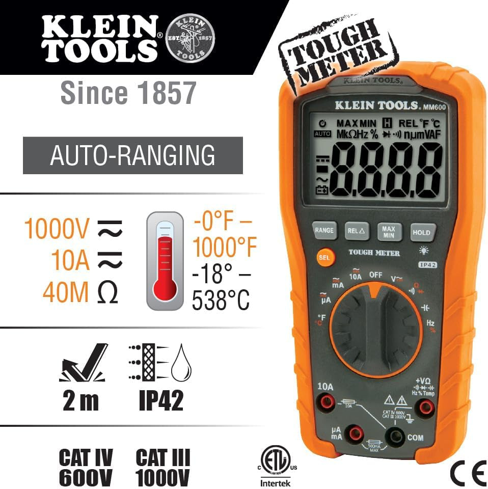 MM600 Multimeter, Digital Auto-Ranging, AC/DC Voltage and Current, Temperature, Frequency, Continuity, More, 1000V