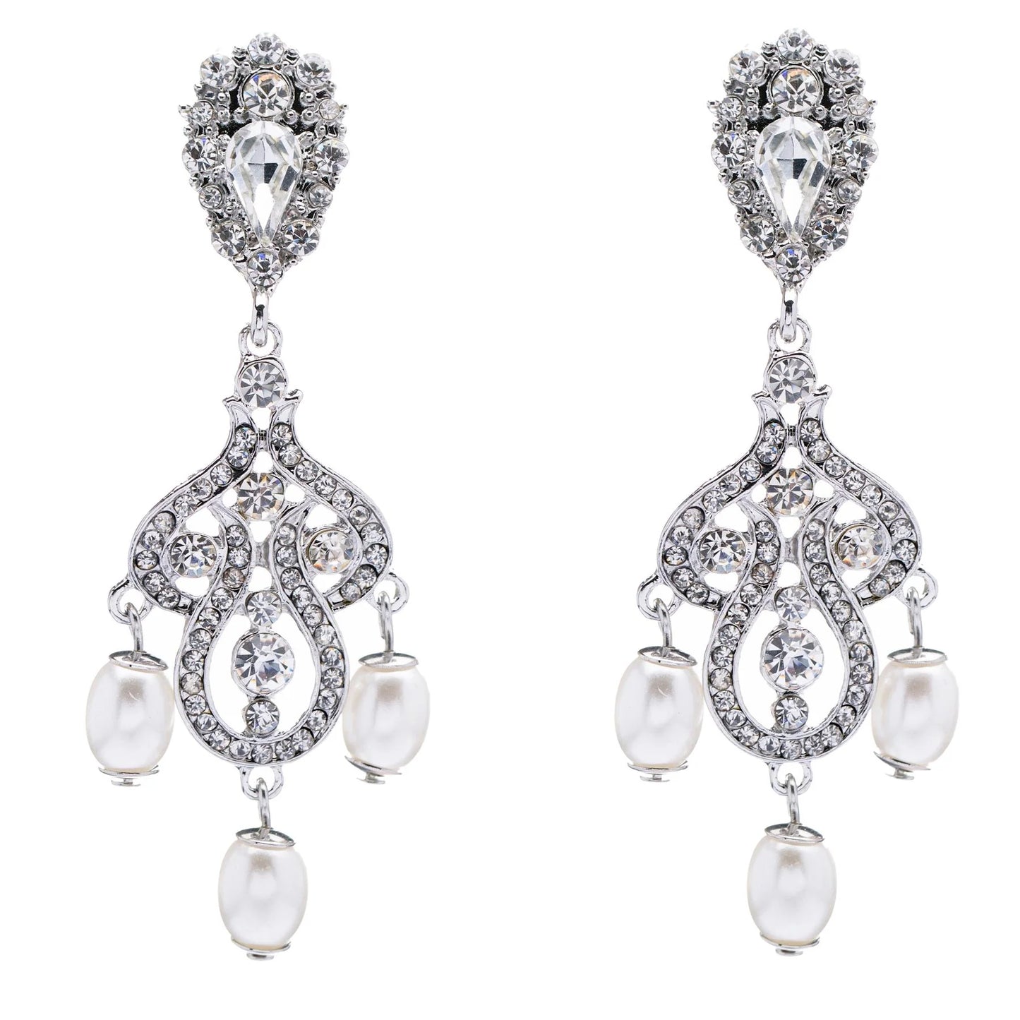 Bridal Wedding Jewelry Crystal Rhinestone Pearl Vintage Dangle Earrings White