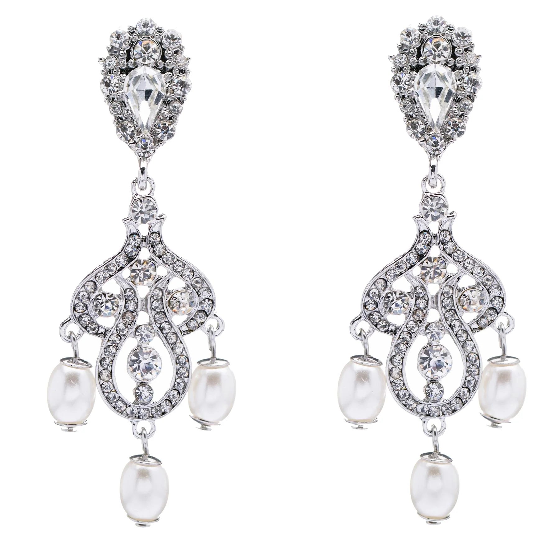 Bridal Wedding Jewelry Crystal Rhinestone Pearl Vintage Dangle Earrings White