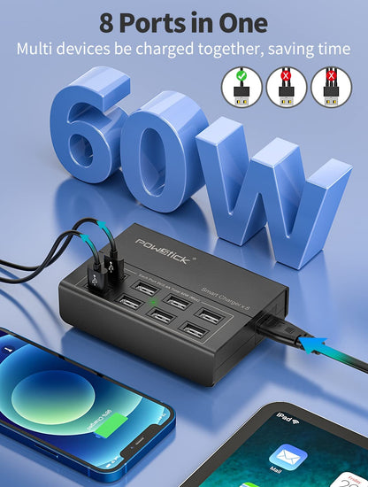 USB Charger Station, 8 Ports USB Charging Station 60W/12A, Included 3 Mixed Cable, 8 Multi Port USB Charging Station for Multiple Devices Smart Phone Tablet and Multiple Device(5Ft Detachable Cord)